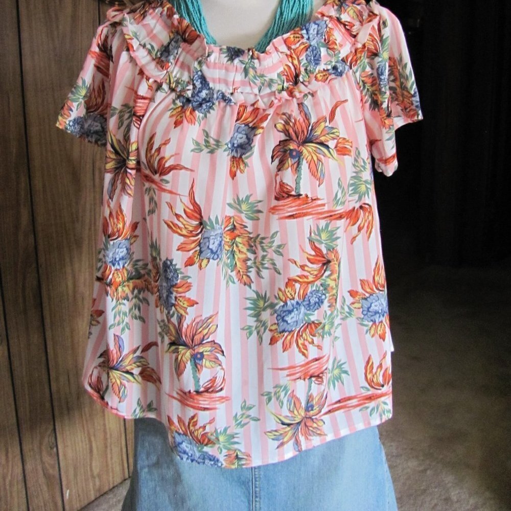 ENTRO  LADIES PINK STRIPE/FLORAL OFF THE SHOULDER SUMMER SHIRT  BRAND NEW WITH T - Picture 7 of 8